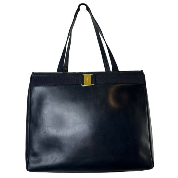Salvatore Ferragamo Tote Shoulder Bag Vara Leather Dark Blue Gold Hardware Large